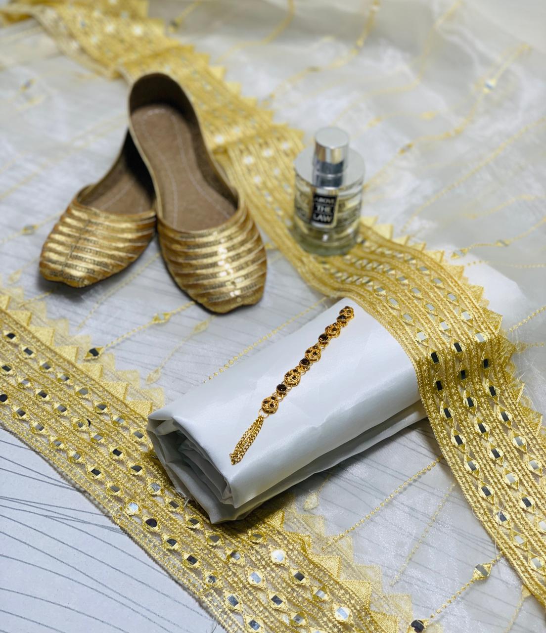 4-Piece Unstitched Kataan Silk Suit – With Organza Fancy Dupatta & Khussa