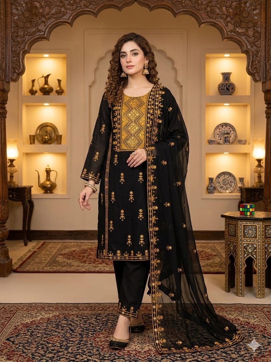 3PC Lawn Cotton Mirror Work Suit – New 9MM Plastic Mirror Emb Shirt, Heavy Emb Trouser & Chiffon Dupatta