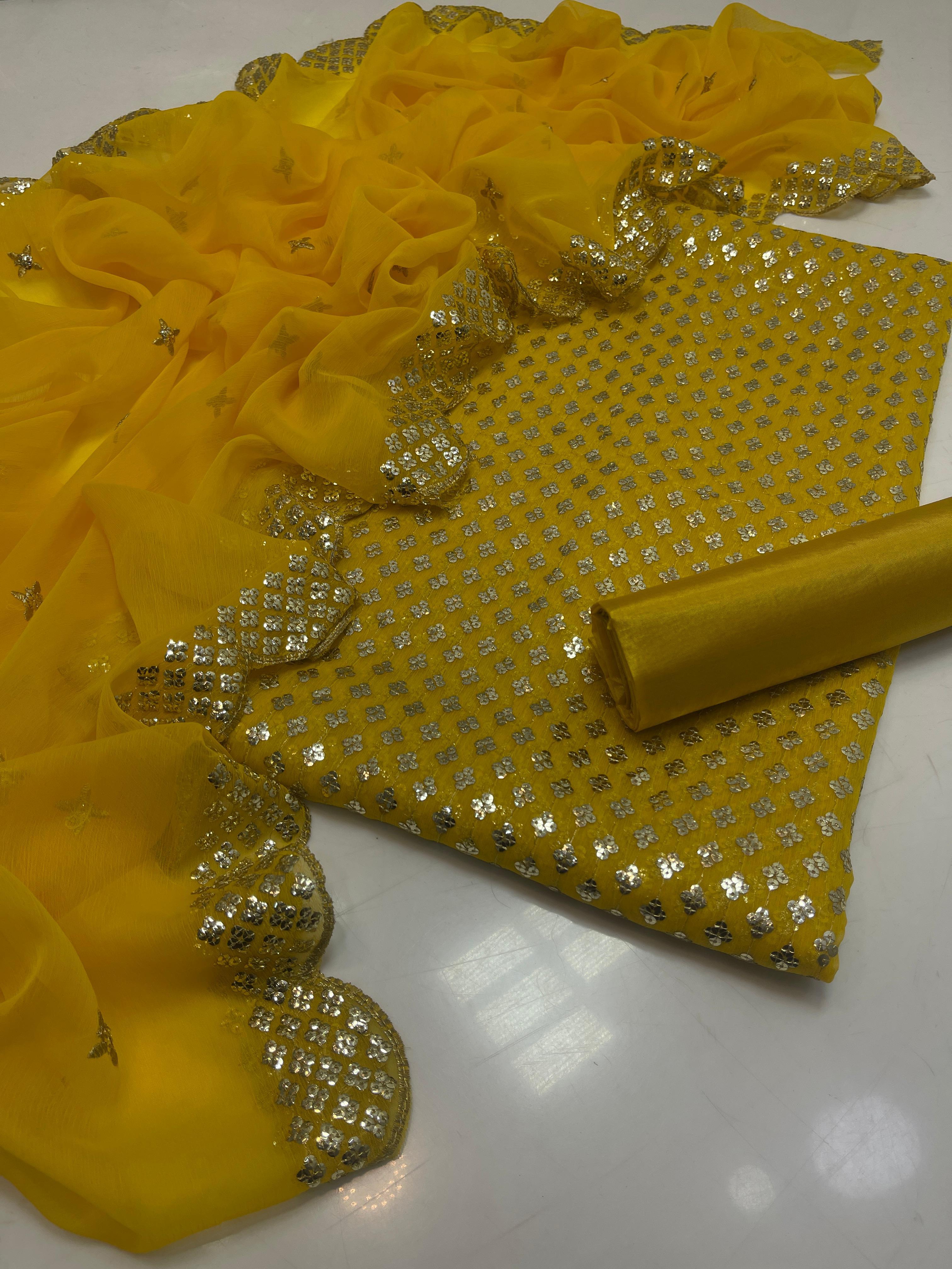 3PC Customized Chiffon Sequins Embroidered Suit – Front & Back Shirt, Sequins Border Dupatta & Kataan Silk Trouser