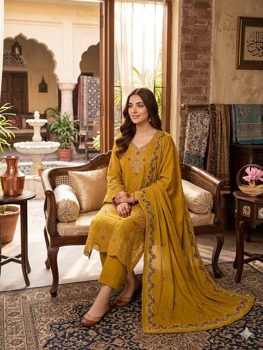 3PC Lawn Embroidered Suit – Front & Sleeves Emb Shirt, Tissue Handmade Gala, Embroidered Dupatta & Plain Trouser
