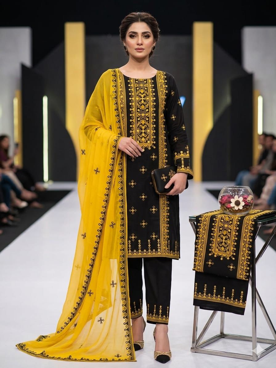 3PC Lawn Cotton Cross Stitch Black Contrast Suit – 9MM Plastic Mirror Embroidery Shirt, Heavy Embroidered Trouser & Chiffon Dupatta