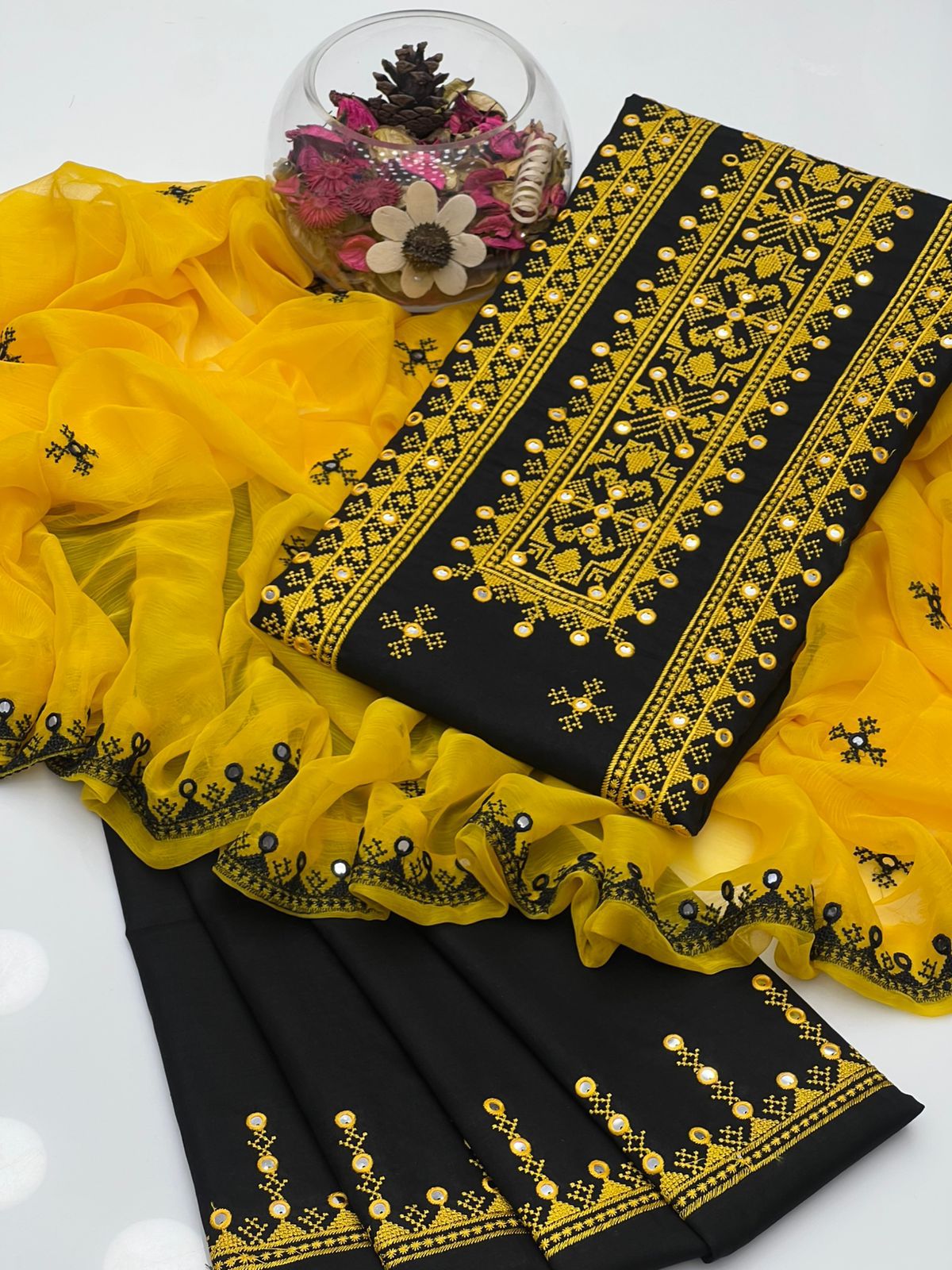 3PC Lawn Cotton Cross Stitch Black Contrast Suit – 9MM Plastic Mirror Embroidery Shirt, Heavy Embroidered Trouser & Chiffon Dupatta