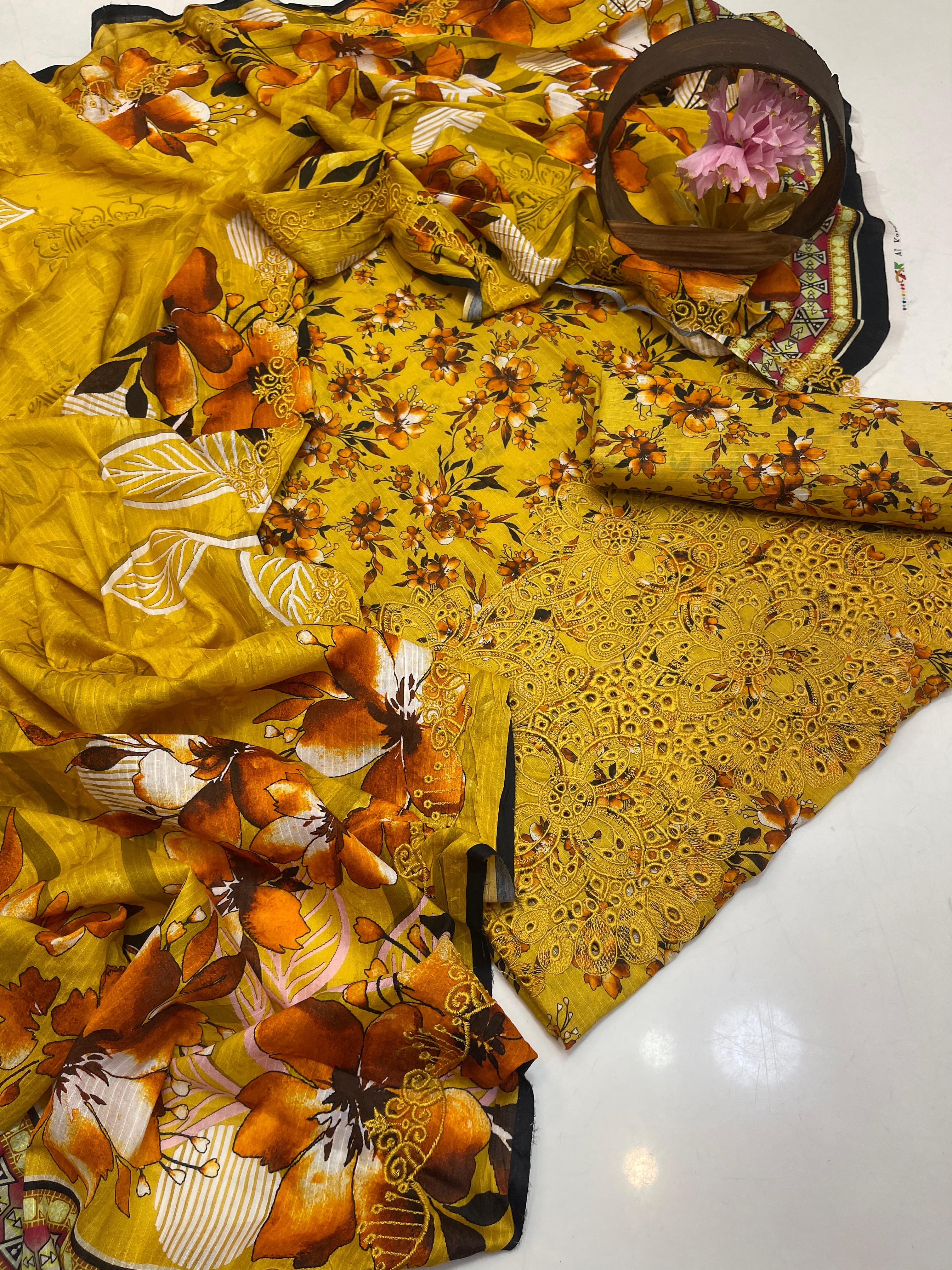 3PC Premium Lawn Digital Print Suit – Poring Daman Embroidered Shirt, Printed & Embroidered Dupatta & Matching Trouser