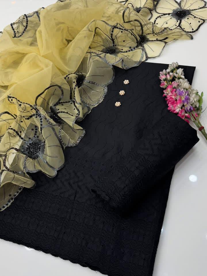 3PC Cotton Lawn Chikankari Embroidered Suit – Glitter Oil Paint Shirt, Sequence Beads Work & 4 Side Cut Work Organza Dupatta