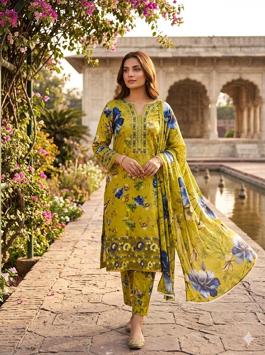 Eid Collection 3 Piece Digital Lawn Suit – 90/70 Lawn Shirt with Gala, Daman & Sleeves Patch + Digital Printed Trouser