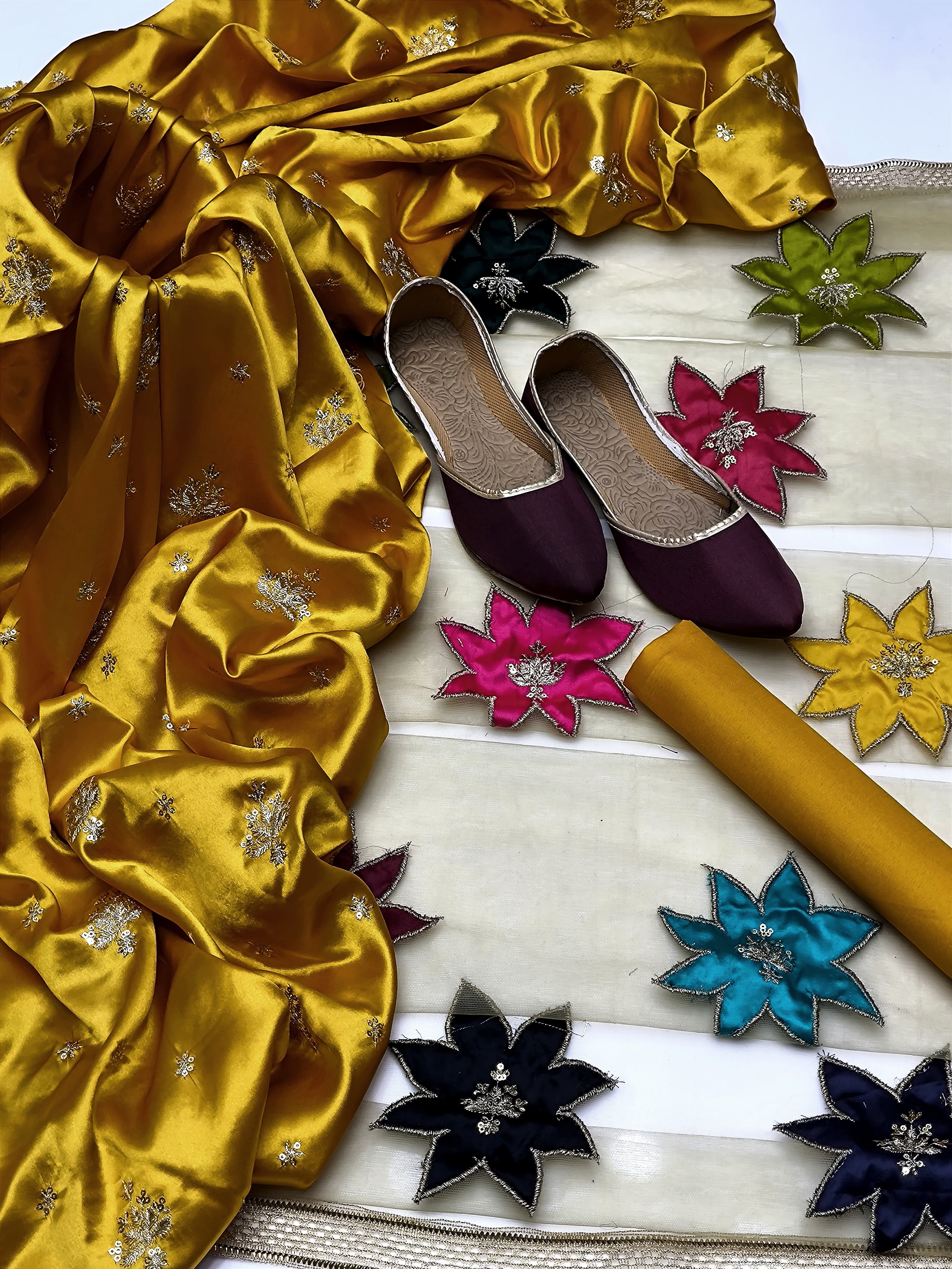 3-Piece Unstitched Shamoz Silk Dress – Jhumka Embroidery with Net Dupatta & Free Khussa