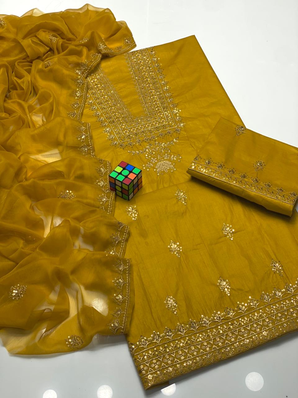 3PC Soft Lawn Cotton Sequins Suit – 3mm Sequence Work Shirt, Chiffon Sequins Dupatta & Sequins Trouser