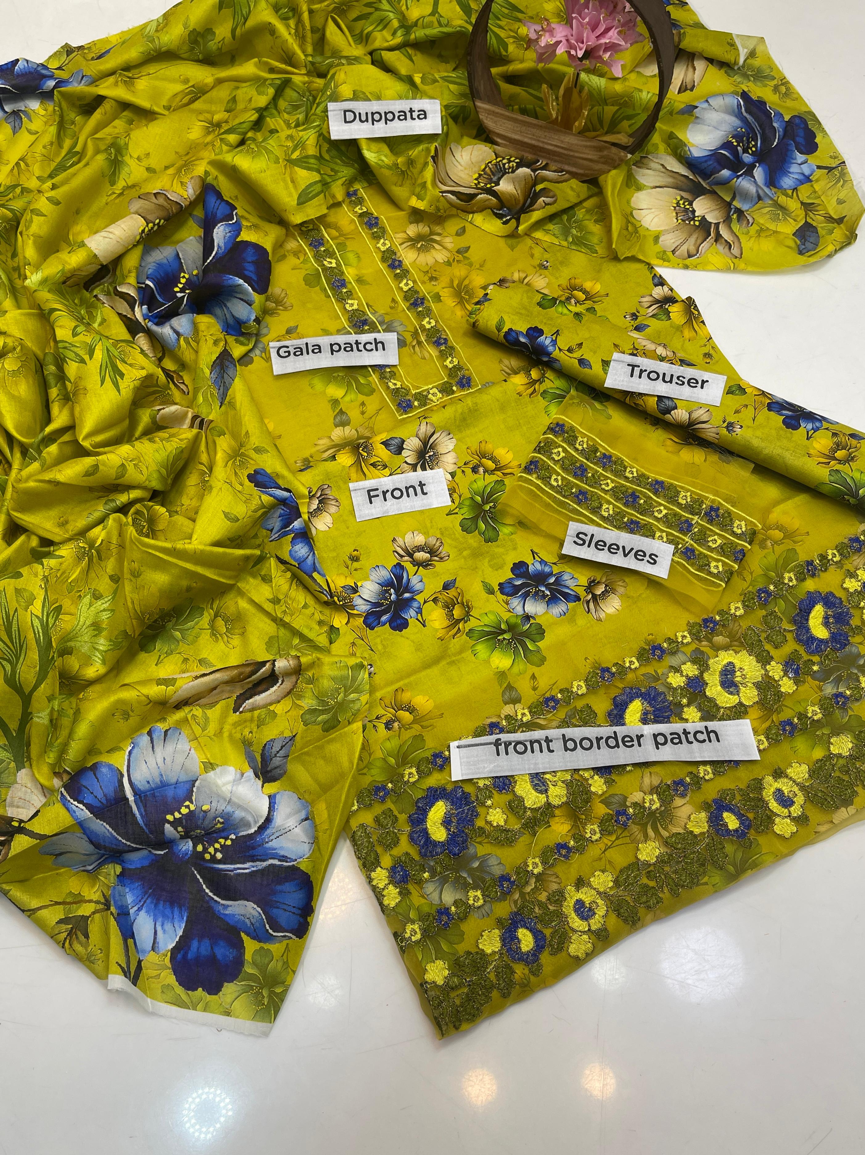 Eid Collection 3 Piece Digital Lawn Suit – 90/70 Lawn Shirt with Gala, Daman & Sleeves Patch + Digital Printed Trouser