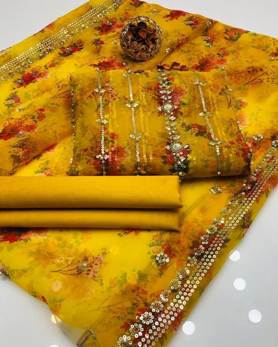 3PC Organza Digital Embroidered Suit – Pearl Work Front & Back Shirt, Printed Pearl Border Dupatta & Kataan Silk Trouser