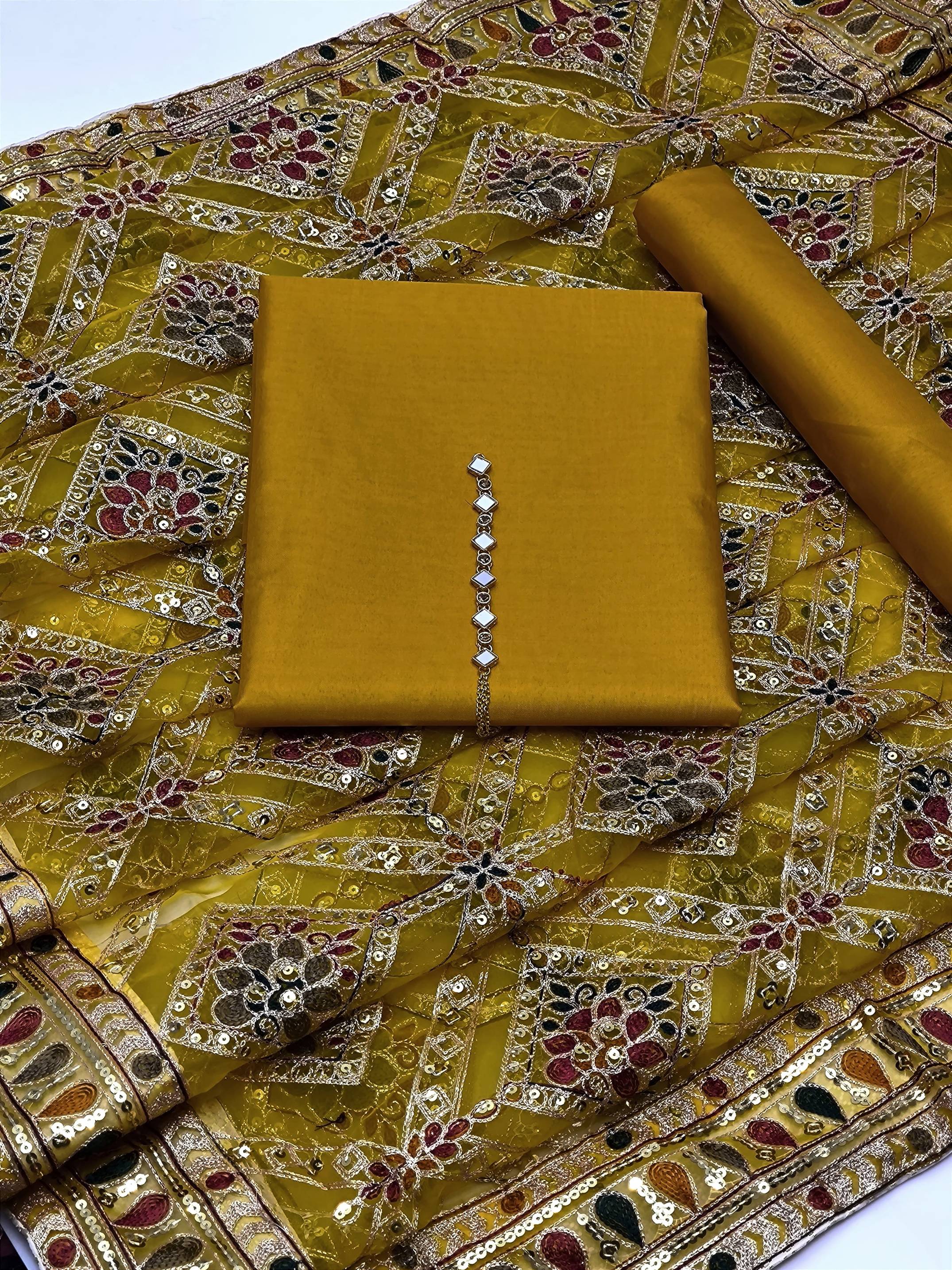 3-Piece Unstitched Kataan Silk Suit – Heavy Indian Embroidered Dupatta & Neckline Gift